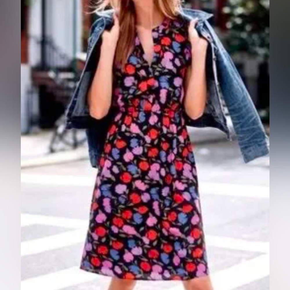 J CREW - Silk Flutter Sleeve Dress in Painted Pansy Romantic Floral in Black